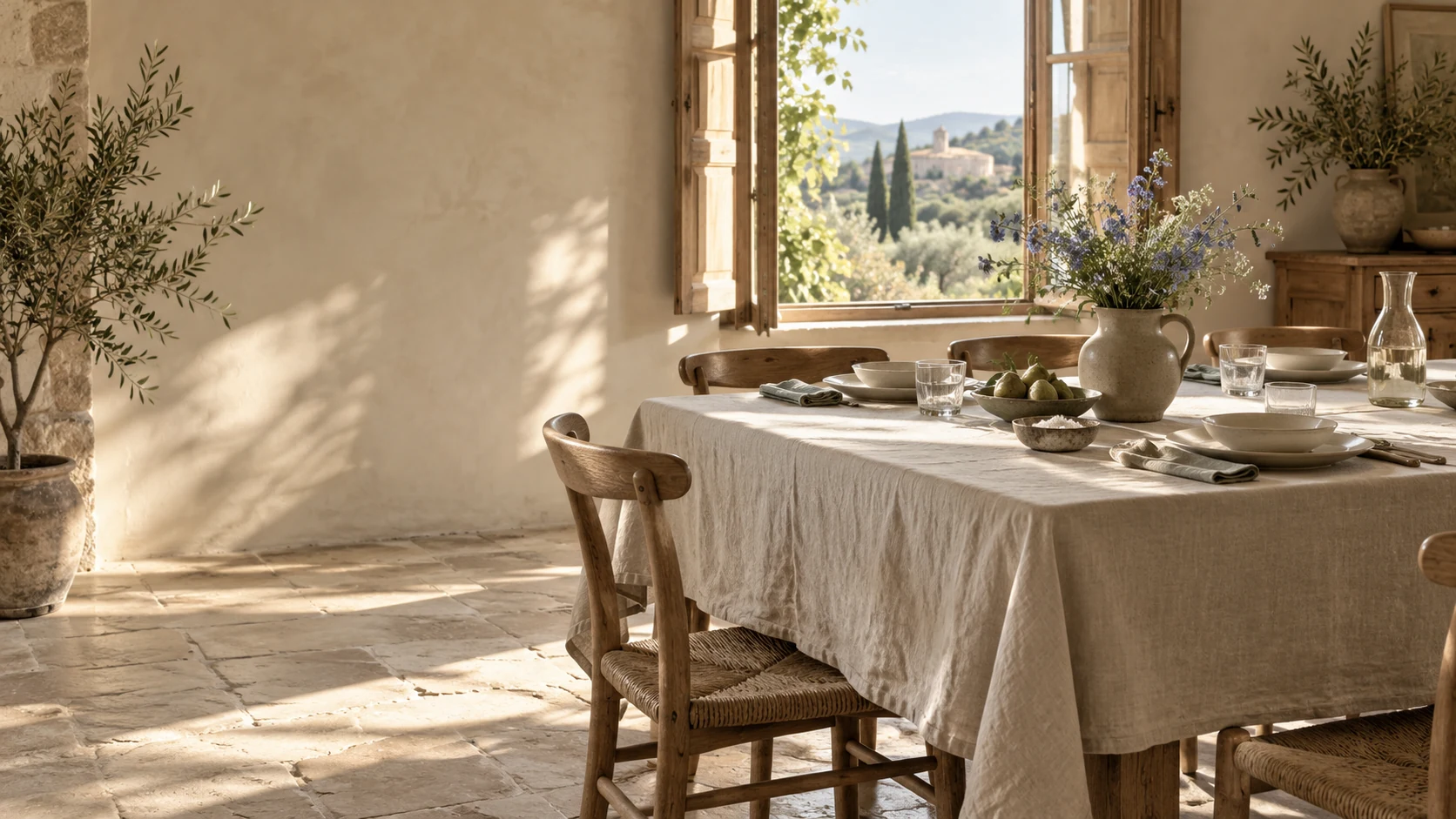 A softly lit French country table set with natural linen and garden flowers