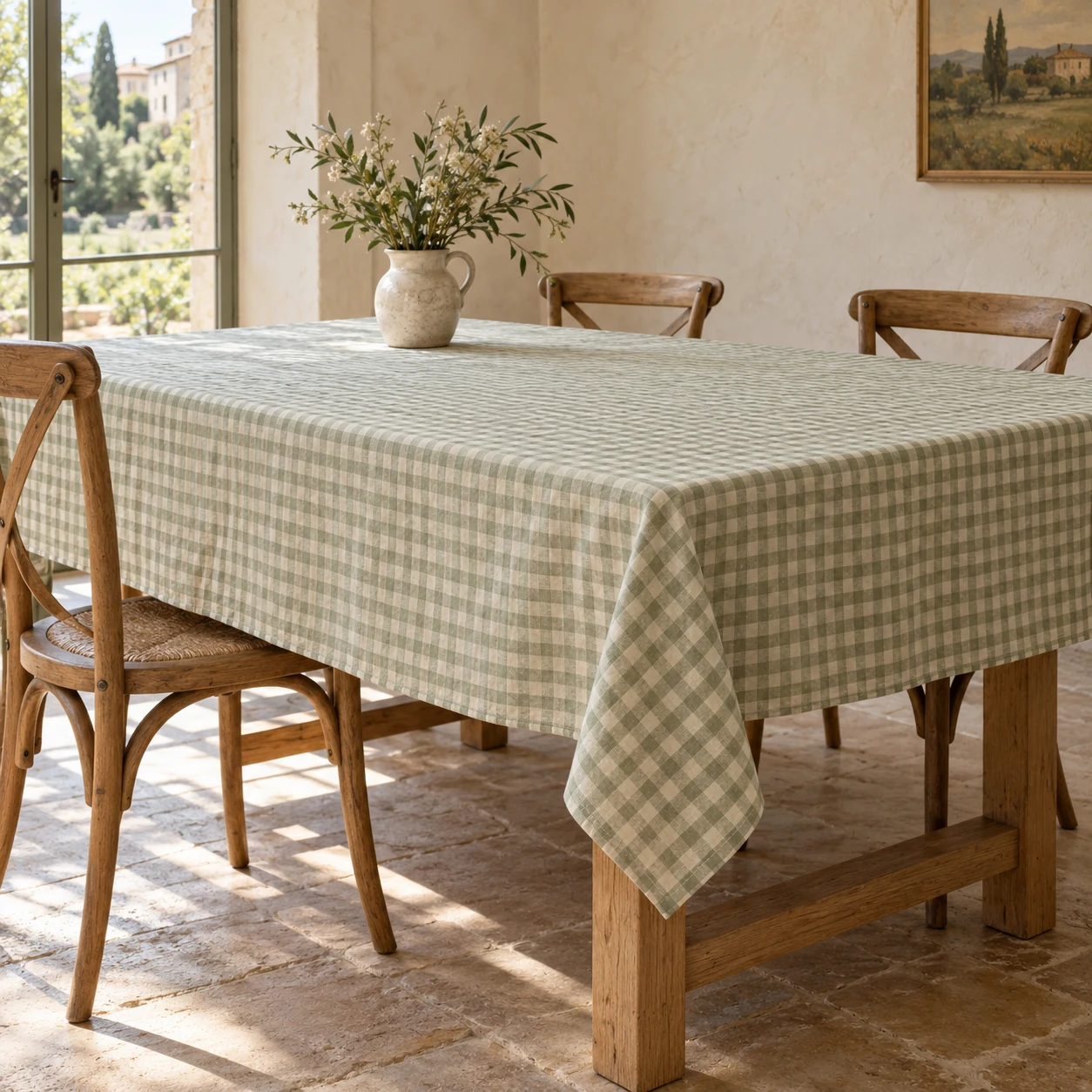 Lucie Sage Check Linen Blend Tablecloth — Sage, Square