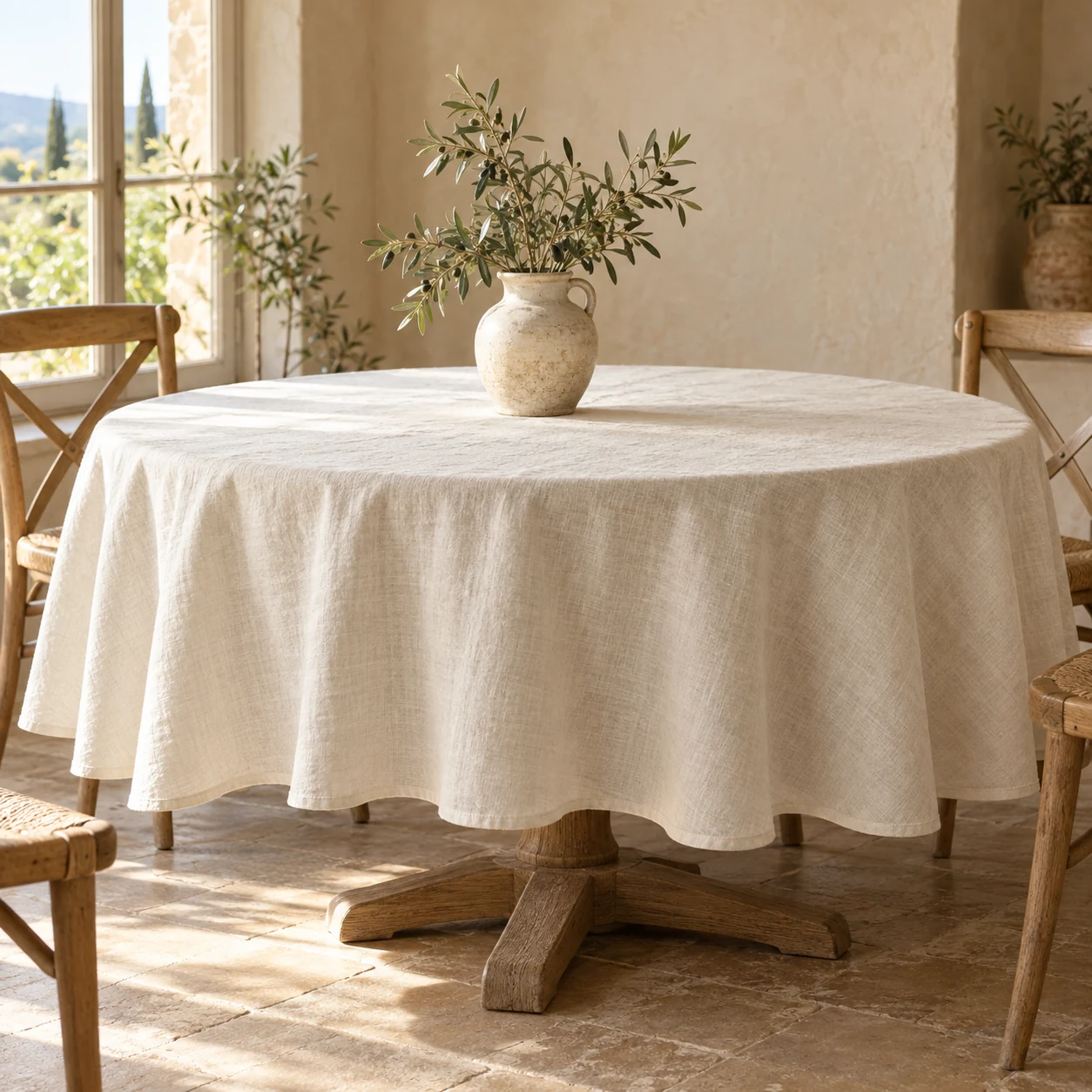 Maison Ivory Round Linen Tablecloth — Ivory, Round
