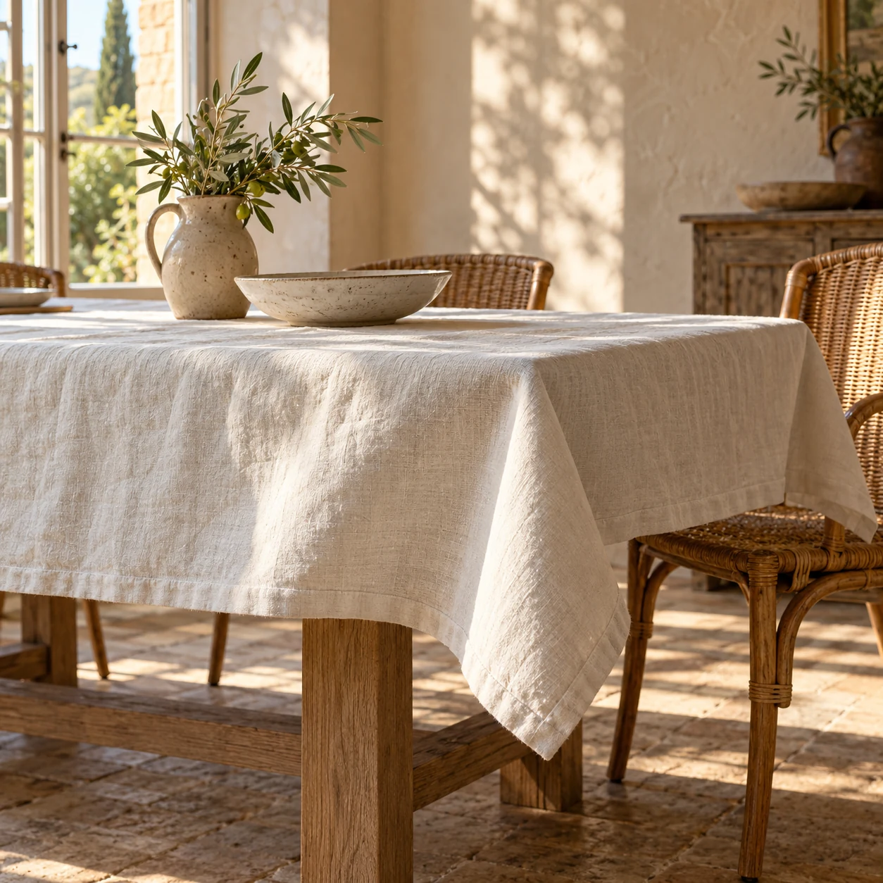 Natural linen and simple ceramics in a warm country dining room